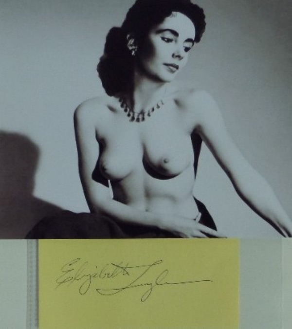 This vintage yellow cut measures about 3x5, and comes hand-signed in black sharpie by 2 time Academy Award winning actress, Elizabeth Taylor.  The signature grades about a 7, and the cut is accompanied by a rare TOPLESS black and white photo, making it ideal for matting, framing and display.  