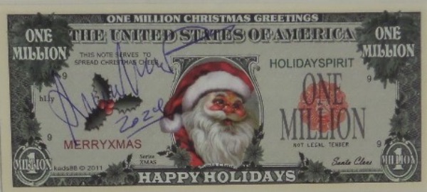 This 2011 Happy Holidays ONE MILLION dollar bill features an image of Santa Claus, and comes hand-signed beautifully in blue ink by the President of the United States, Donald J. Trump.  The signature grades a legible 8.5, complete with a 2024 inscription, and though this custom dollar might not be worth a million, it's still worth a lot!