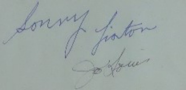 This light blue cut of paper measures a rectangular measures approximately 2x5, and is in EX/MT to NM condition.  This one's a true rarity, as it comes hand-signed by TWO Heavyweight Champions, with Joe Louis in black ink and Sonny Liston in blue.  Signatures grade 7's at least, and, with both of these elusive autographs on the same item, retail is low thousands, especially with both champs deceased 40+ years!
