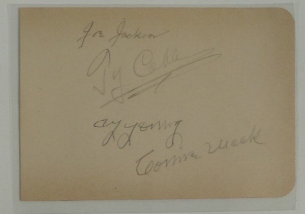 This very large autograph album page measures 4.75x6.75 and is in EX/MT condition.  It is hand-signed in pencil by a quartet of giant Deadball Era figures, including Connie Mack, Joe Jackson, Ty Cobb and Cy Young, with signatures grading 5's-7's overall.  With all four men deceased now 60 or more years each, retail is well into the thousands on this collector's gem!