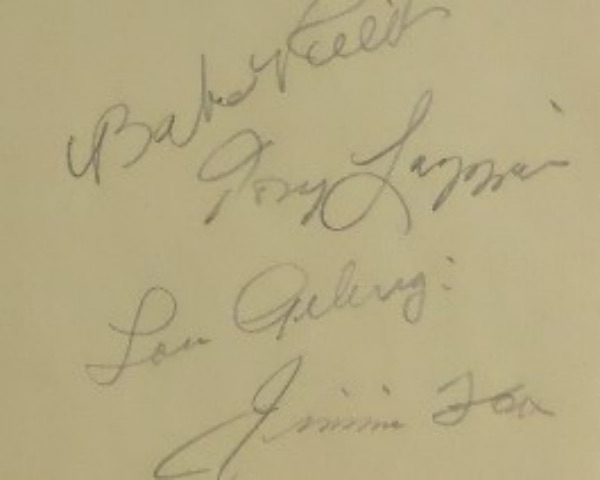 This pale yellow cut of paper measures right around 4.5x4.75, and features the pencil signatures of a quartet of HOF sluggers who shined during the roaring 20's!  Included are "Murderer's Row" stars Babe Ruth, Lou Gehrig, and Tony Lazzeri, as well as Paul Bunyan-like A's HOF'er, Jimmie Foxx, and this cut will make for an awesome display when matted with the photo of your choosing!
