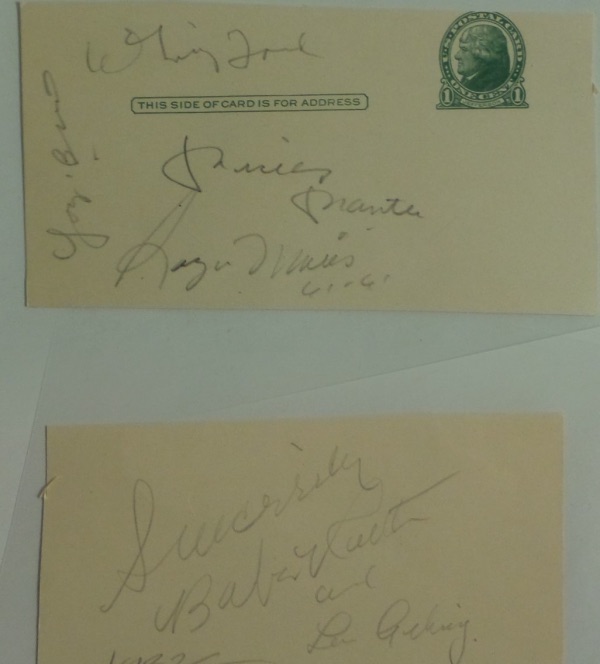 This 3x5.5 piece of an old 1cent US Govt postcard is still in EX shape overall, and comes hand-signed on both sides in pencil by 6 different pinstriped legends!  Included are Ruth and Gehrig on one side, with a 1932 date added, and Ford, Mantle, Maris and Berra on the other side, with all signatures grading 6's-7's.  With all six men gone, retail is WELL into the thousands!  Get your double sided frames ready for this one!