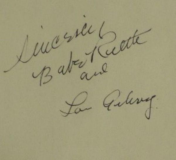 This vintage cut of pale yellow paper measures approximately 4.5x5 and is in EX+ condition.  It is hand-signed by the greatest pair of teammates in baseball history, Yankees legends, Babe Ruth and Lou Gehrig.  These ink signatures are bold and legible, grading a 6.5 or better each, and with both men gone since the 1940's, the book value here is well into the low thousands.  Still, we'll start the bidding with a tiny slice of that!