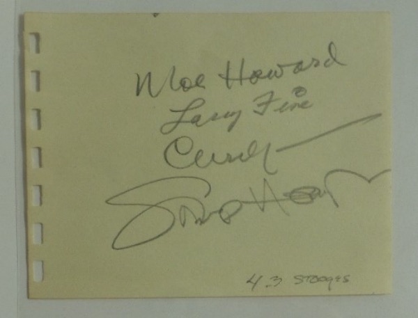 This light green piece of paper is from an original collector's album, measuring 4.5x5.25, and in EX+ overall condition.  It is hand-signed in pencil by all four stooges, Moe, Larry, Curly and Shemp, grading 7's each, and will be perfect for matting and framing with the Stooges photo of your choice.  Valued into the mid/high hundreds!