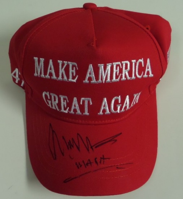 This Make America Great Again Trump 45/47 full embroidered cap is in store-bought condition, and comes hand-signed on the brim by the 47th US President himself, Donald J. Trump.  The signature grades a legible 8.5, complete with his now-standard MAGA inscription, and retail is high hundreds!