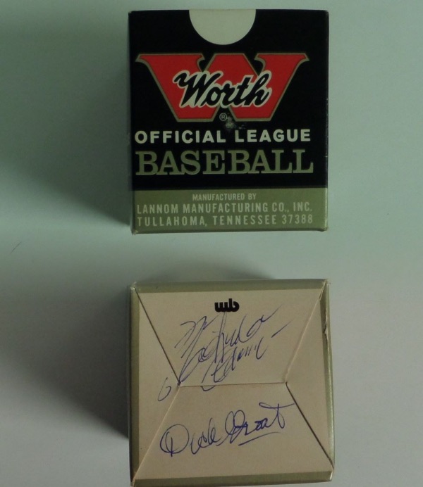 This very old Worth Official League baseball box is still in wonderful, EX/MT shape, and comes hand-signed on the bottom in blue ink by this pair of teammates who helped to bring a World Championship to Pittsburgh in 1960.  Included are '60 NL MVP, Dick Groat, and all time great, Roberto Clemente, with both signatures grading 7.5-8's, and with both men long gone, retail is high hundreds!
