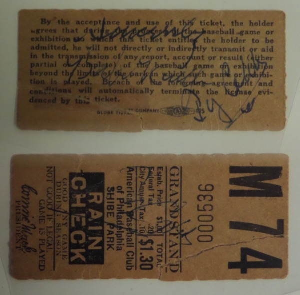 This Grandstand ticket stub was ripped and repaired, and comes to us in VG+ shape.  It has been blue ink-signed by all time batting champ, Ty Cobb, not once but TWICE, and comes hand-signed once by Babe Ruth as well, so Cobb and Ruth are on the same side, and another Cobb on the other!  WOW!!!  Get in on this RARE collector's item!