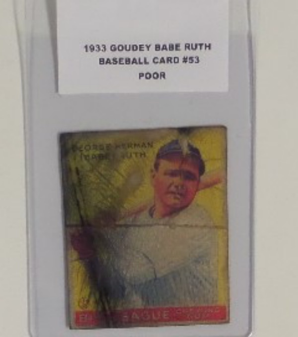 This Babe Ruth Baseball Card from 1933 Goudey is card #53 and is in POOR condition. I see a crease, staining, and handling , but otherwise card is a nice Babe Ruth card. The card is valued HIGH in this condition, and a great addition to your collection.
