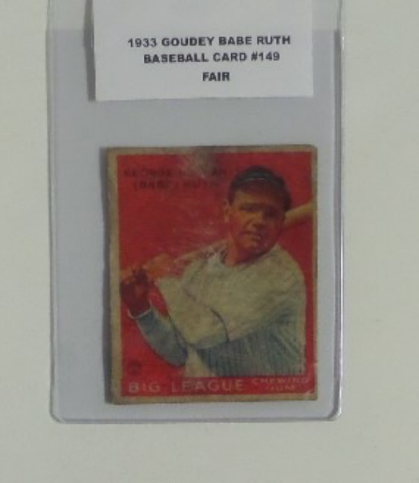 This 1933 Goudey Babe Ruth Baseball Card #149 is in FAIR condition, with creases,surface wear, and some staining.  The card is great for the vintage Ruth collector who doesn't mind the lower grade, and still a valuable card in this condition, and a hard card to find.