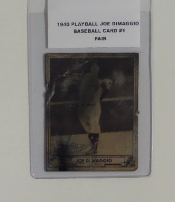 This 1940 Playball Baseball card of Joltin Joe Dimaggio is #1 and in FAIR condition with creases, staining, and handling evident. Nice low grade card of Joe Dimaggio still valued HIGH
