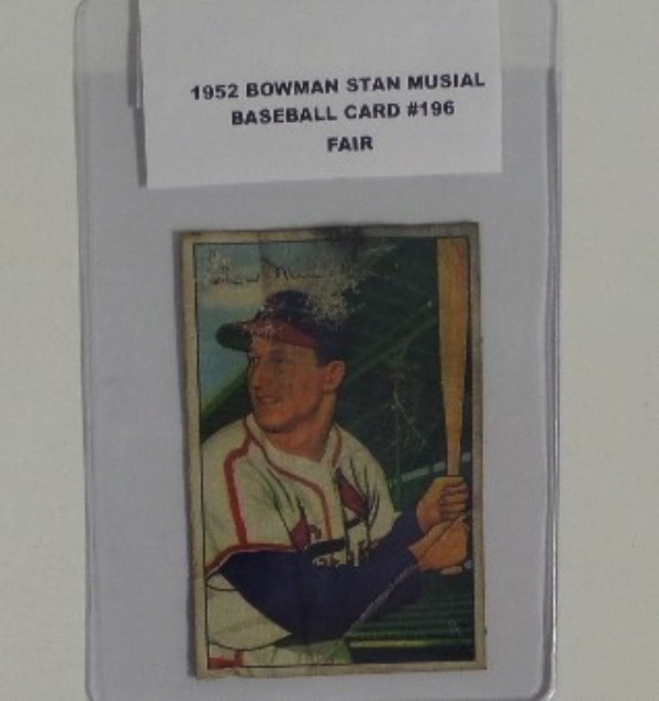 This Musial Card #196 from 1952 Bowman is in Fair condition with Creases and much handling evident. There is some staining on the card and corners show wear, but overall a nice looking early Musial card valued in the hundreds