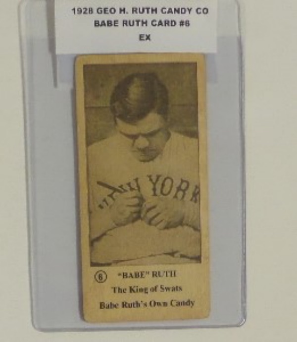 This BABE RUTH Baseball card #6 from his own Candy company in 1928 shows him signing a baseball. The card is in EX condition, and is a super card for any Babe Ruth vintage collection, and valued at $1200