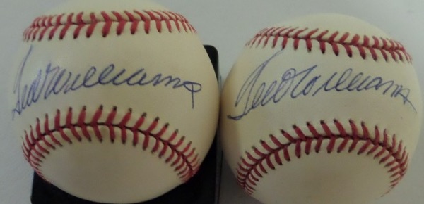 This rare opportunity is TWO Official American League Baseball's from Rawlings, each in VG to VG+ condition, with light toning evident.  Each baseball here comes sweet spot signed by the great Splendid Splinter, in blue ink, each grading a legible 8-8.5, and the two together value at $1000.00!
