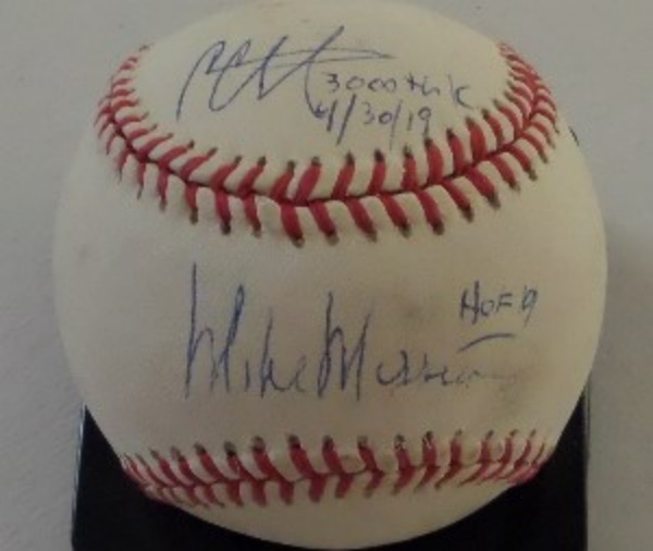 This fantastic baseball might be one of the only of its kind.  It is an Official Rawlings AL baseball, cubed in VG+ condition, and hand-signed by the last two Yanks hurlers to be enshrined in Cooperstown!  Included are CC Sabathia on the top panel--with a 3000th K 4/30/19 inscription--and Mike Mussina on the sweet spot--with HOF 19 added--and with both now-HOF autographs present, retail is high hundreds, but, more importantly, don't you want to be the first Yankee fan on the block to show off this baby?