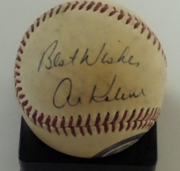 This Detroit Tigers name and logo baseball is from Rawlings and comes cubed in VG overall condition.  It is side panel-signed in black ink by the most accomplished of their more modern alumni, the great Al Kaline!  Signature is a legible 8-8.5, with Best Wishes added, and with his recent passing, retail is well into the hundreds!