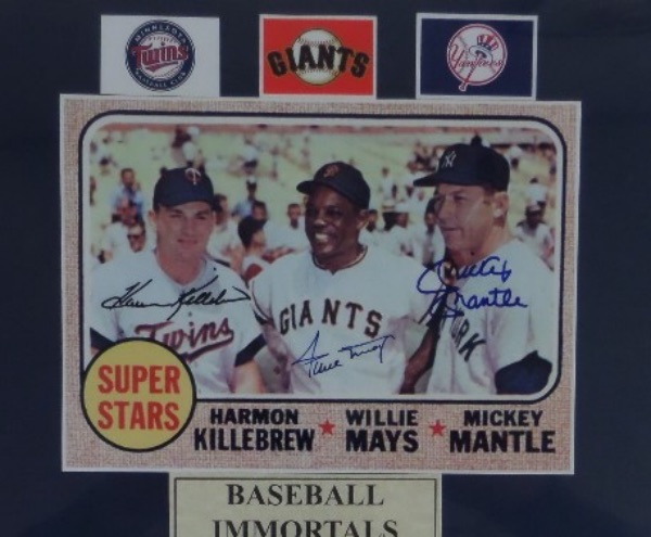 This 8x10 matted display is entitled "Baseball Immortals," and shows a color image of three of them!  It is hand-signed by all three, with Harmon Killebrew, Willie Mays and Mickey Mantle, and with all three 500 HR all time greats now deceased, this frame-ready display is valued into the mid hundreds!