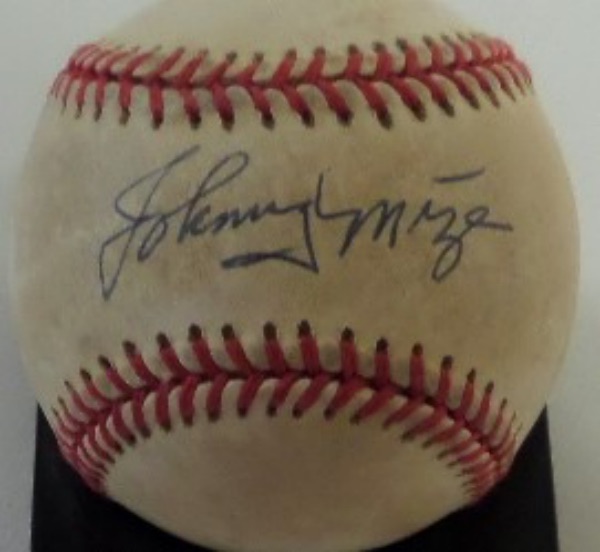 This Official American League baseball (Bobby Brown) from Rawlings is cubed in G overall condition, and comes hand-signed right on the sweet spot by HOF slugger, Johnny Mize!  The blue ink signature grades a legible 9, and with Mize gone now for decades, retail is mid hundreds!