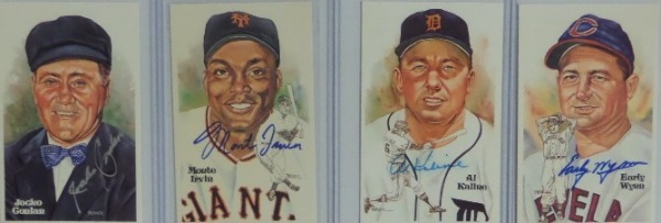 This unique group lot is a MUST for the serious HOF baseball collector, and includes FOUR different 1981 Perez Steele limited edition postcards, each hand-signed by the HOF'er shown!  Included are Early Wynn, Al Kaline, Jocko Conlan and Monte Irvin, and just check out these autographs--just spectacular!!!  With all four men now long-gone, retail is easily mid/high hundreds!