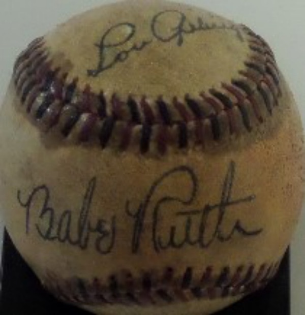 This vintage, about 100 year old ball is red and black laced, shows game usage, and is cream colored to tan. It comes black ink signed by BOTH late, great HOF Heroes and can be seen from 10 feet away easily. babe is on the sweet spot, Lou is just above him on a side panel, and value is clearly thousands.  