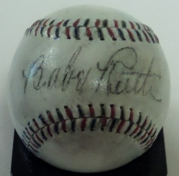This near white ball shows some handling and light usage, has red and black lacing from almost 100 years ago, and comes black ink, sweet spot signed by the Babe. The signature can be seen from 8 feet away easily, grades an honest5 overall, and value on this Lee-approved must have is mid-thousands. 