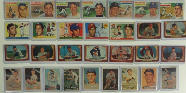 This super lot of 44 cards from 1951 Bowman--RAY BOONE, thru 1957 Topps includes 14--1955B, 5--1955T with #1 RHODES, 7--1956T w/#333, and 17--1957T with Ken Boyer.  The cards ave EX-EX/MT with some better and a few worse, but overall some NM cards are also included. Great lot from an estate find that has many more vintage BB and FB stars. 