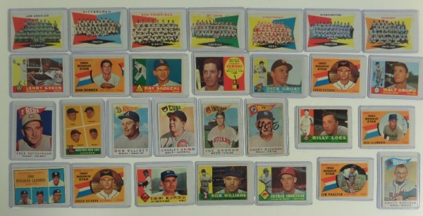 This RARE lot from 1960 Topps Baseball is from an estate find and includes 109 Cards in overall NM condition, with some better/worse. I see 24 Team cards, #1 Early Wynn, Billy Martin #173, Casey Stengel #227 vg, Moose Skowron #370 EX, Sparky #34, Dick Williams #188 both EX, and the rest of the cards average NM or Better.  GORGEOUS lot for set builders who are looking for high grade cards that are all in top loaders, and value is HIGH on this lot.