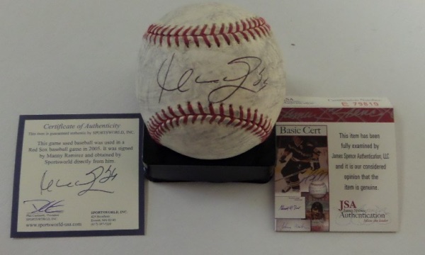 This Official Major League Baseball from Rawlings was used in an actual 2005 Major League Baseball Boston Red Sox contest.  It is hand-signed across the sweet spot by one of the greatest hitters EVER, Red Sox masher, Manny Ramirez, and the signature grades a strong 8.5, with the ball showing outstanding game use!  Comes with a Sportsworld, Inc. COA for the game use, and a JSA COA (E79810) for the autograph, and retail is low thousands!