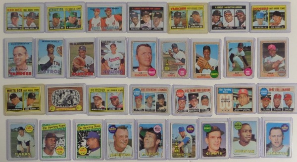 This SUPER lot includes 158 Topps Cards from 1967 thru 1969 with 42 from 1967, 32 from 1968 and 84 from 1969 Topps. They ALL are in top loaders and include MANY STARS, Teams, Leaders, Rookies, etc. Great lot that cards run from VG thru NM with most in the MIddle. Great lot from our Estate find of vintage cards.