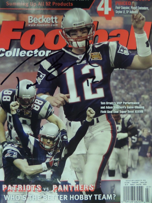 This February 2004 Beckett Football Collector full magazine is in EX/MT condition, with a color Super Bowl XXXVIII image of Brady and his victorious Patriots teammates!  It is hand-signed in black sharpie by the 5 time Super Bowl MVP and sure fire HOF'er himself, and will frame and display proudly in any New Englander's sports collection!