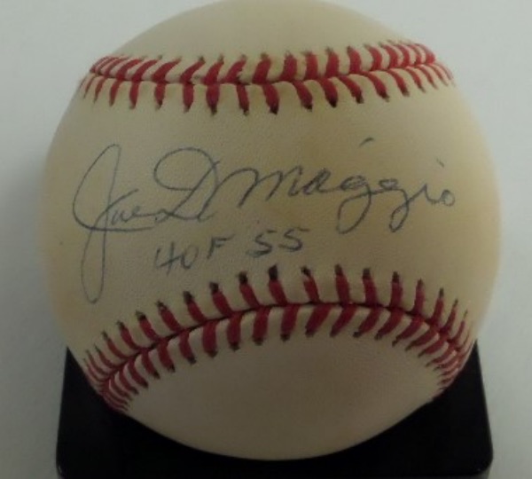 This Official American League Baseball is in VG condition, and comes hand-signed across the sweet spot by Yankees icon and all time great, Joe DiMaggio.  This is a lighter but still very legible example, grading a 7, with HOF 55 added, and the book value here is $600.00.  A super cool conversation piece and a MUST for any Yankees collection!