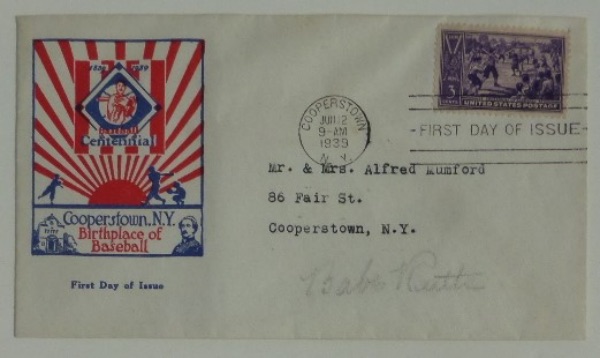 This Cooperstown NY Birthplace of Baseball First Day of Issue cachet is dated from the June 12, 1939 grand opening of the baseball Hall of Fame.  It is hand-signed in what appears to be black artist's pencil by the greatest of them all, Yankees legend Babe Ruth, and grades a light but legible 5.  With Ruth now gone now more than 75 years, retail on this baby is low thousands!