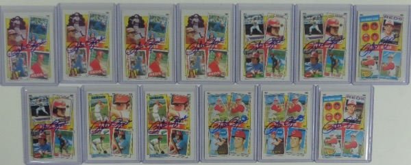 This outstanding group lot is THIRTEEN 1986 Topps "The Pete Rose Years" baseball cards, including (2) #2, (2) #3, (2) #5, (3) #6, and (4) #7!  Each card herein is hand-signed in blue sharpie by the Hit King himself, and with his recent passing, anything Rose-signed has tripled in value!