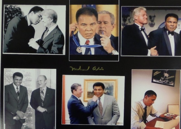 This piece isn't traditionally matted, but it is a color 16x20 set against a thick stock, and is actually ideal for framing and display.  It shows a variety of images of Muhammad Ali with various United States Presidents, and comes hand-signed in the center in GOLD by the legendary Heavyweight Champion himself.  Talk about a conversation piece, and one valued into the low thousands!