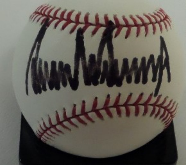 This Official 2000 World Series Baseball from Rawlings is in NM condition, and comes hand-signed in black sharpie on the sweet spotl by 45th United States President, Donald Trump.  Signature here is a very bold, legible 8.5, and since his historic November election and January Inauguration, retail is low thousands!!!