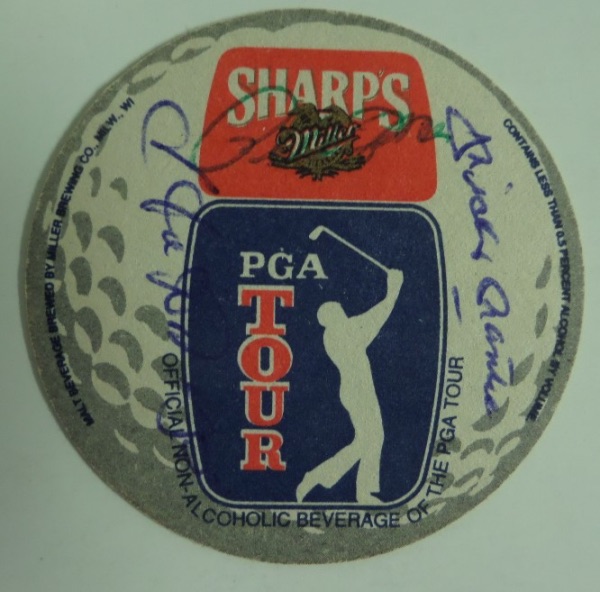 This Miller Beer Sharp's PGA Tour drink coaster is in EX/MT condition, measuring approximately 3.25" in diameter.  It is hand-signed by three iconic, all time baseball greats, with Joe DiMaggio and Mickey Mantle in blue ink, and Pete Rose in green, and will make for a spectacular addition to any baseball collection in the world.  Valued into the mid/high hundreds!