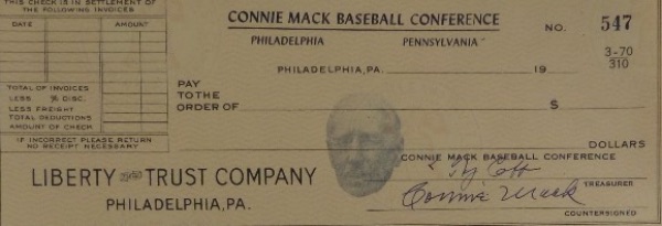 This Connie Mack Baseball Conference, Philadelphia Pennsylvania full check from the Liberty Trust Company is in EX/EX+ condition, and is signed in blue at the bottom by both Connie Mack and Tyrus R. Cobb.  Signatures grade 8's or better each, and retail is well into the thousands!