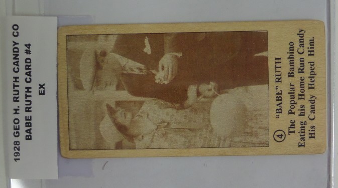 This BABE RUTH Baseball card #4 from his own Candy company in 1928 shows him holding his wife's arm and eating candy. The card is in EX condition, and is a super card for any Babe Ruth vintage collection, and valued at $1250