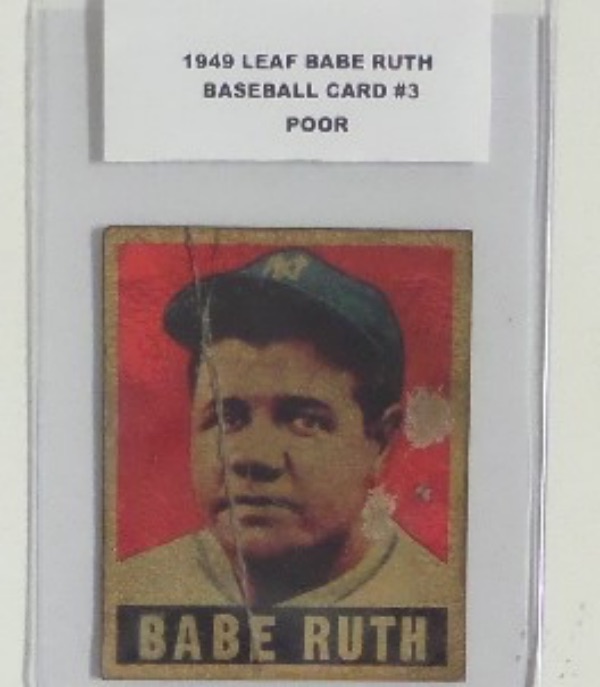 This baseball card from 1949 Leaf is card #3 and of BABE RUTH, with the red background.  This card is in POOR condition with creases and stains evident,and corner wear.  The back has creases evident and handling. Great card of the BABE without the Thousand dollar price tag.