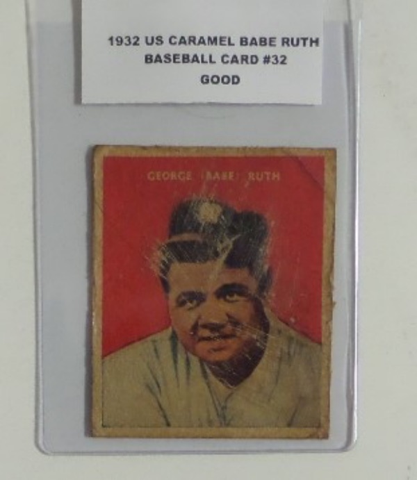 This card #32 from 1932 US Caramel is the BABE RUTH card with the red background. There is some staining and creasing, and handling evident. The GOOD grade is correct, and a vintage card of Babe Ruth.