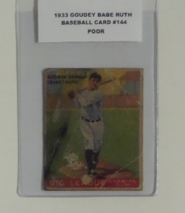 This card #144 from 1933 Goudey is the card of Babe Ruth and is in POOR condition, with light staining, Scratches on front, and creased.  The back is cleaner than the front and POOR is a Low grade for this card. Still a very desirable card for any Baseball card collector and value is HIGH.