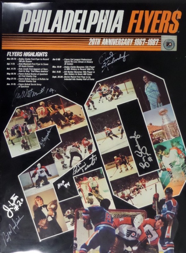 This flat metal display measures 21x27 in size, is in VG+ overall condition, and shows full color images of Philadelphia Flyers action from their inception in 1967 all the way to their cup run in 1987!  It is hand-signed in silver and white by no less than 8 greats of the franchise, including Bernie Parent, Reggie Leach, Rick MacLeish, Orest Kindrechuk, BOTH Watson brother, Ed Hospodar, and Gary Dornhoffer.  AWESOME, ONE OF A KIND Flyers item!!!!
