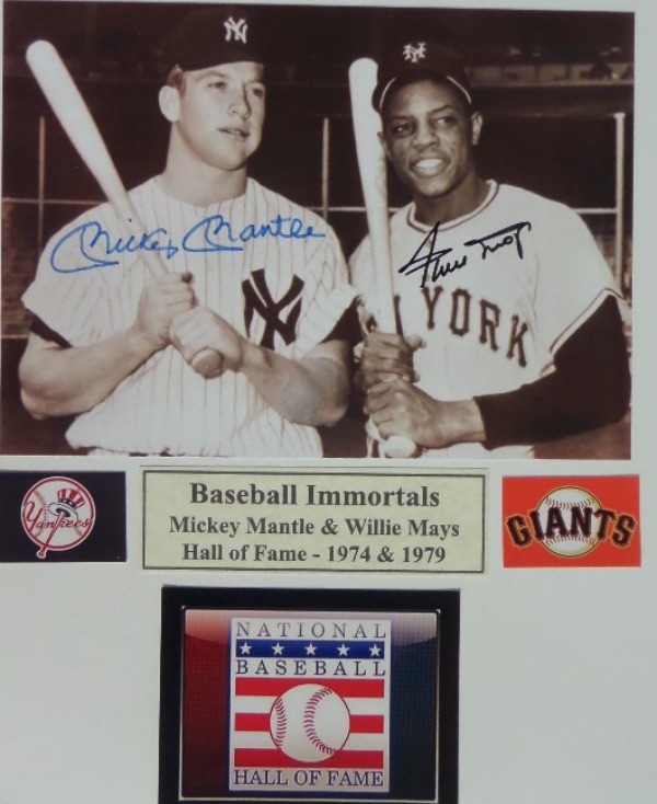 This B&W 1950's era image shows both 500 HR Hitters posing, pre all,-star game, and comes black and blue sharpie signed perfectly by the high value HOF pair. It comes matted to 8x10, has both Giants and Yankees team stickers added, and shows off VERY nicely from 15 feet away. 