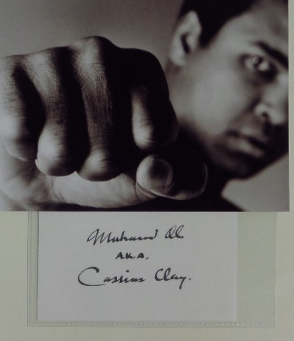 This cut of white paper measures 3x5 in size, is in EX/MT overall condition, and comes hand-signed in black by legendary Heavyweight Champ, Muhammad Ali!  The signature grades a legible 8-8.5, and includes an A.K.A. Cassius Clay inscription ... WOW!  Comes with a cool B&W photo for matting and framing, and retail is mid hundreds!