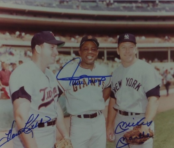 This full color 8x10 photo shows a late 1950's to early 1960's image of three HOF members of the legendary 500 Home Run Club!  It is hand-signed in blue sharpie by all three, including Harmon Killebrew, Willie Mays, and Mickey Mantle, and at 8x10, is an ideal size for framing and display.  With two of the three deceased, retail here is mid hundreds!