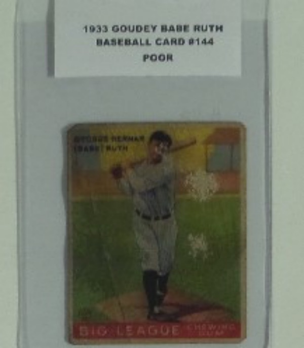 This card #144 from 1933 Goudey is the card of Babe Ruth and is in POOR condition, with light staining, Scratches on front, and creased.  The back is cleaner than the front and POOR is a Low grade for this card. Still a very desirable card for any Baseball card collector and value is HIGH.