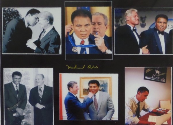 This piece is a color 16x20 photo print, and, at this size, is actually ideal for framing and display.  It shows a variety of images of Muhammad Ali with various United States Presidents, and comes hand-signed in the center in GOLD by the legendary Heavyweight Champion himself.  Talk about a conversation piece, and one valued into the low thousands!